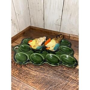 Vtg Deviled Egg Plate Tray Rooster Salt & Pepper Shakers Green Made In Japan EUC